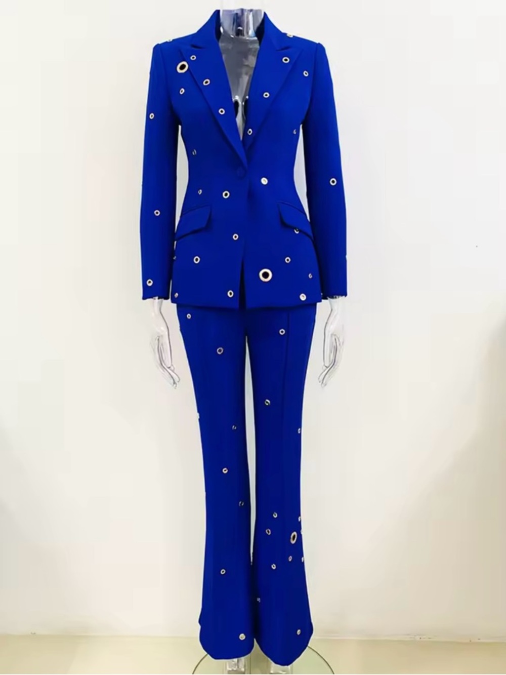 Blue Embellished Women's Pant Suit - Tailored Blazer & Flared Trousers